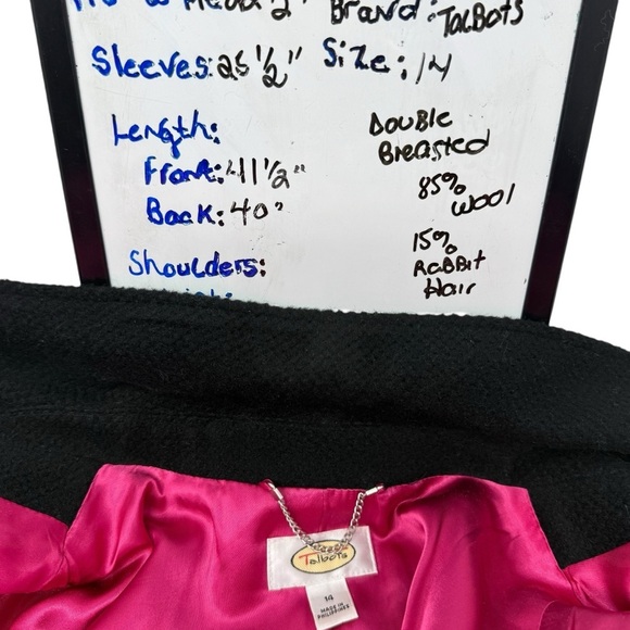 Talbots Black Wool Coat Size 14 Textured Double Breasted Long Pink Satin Lining - Picture 10 of 16
